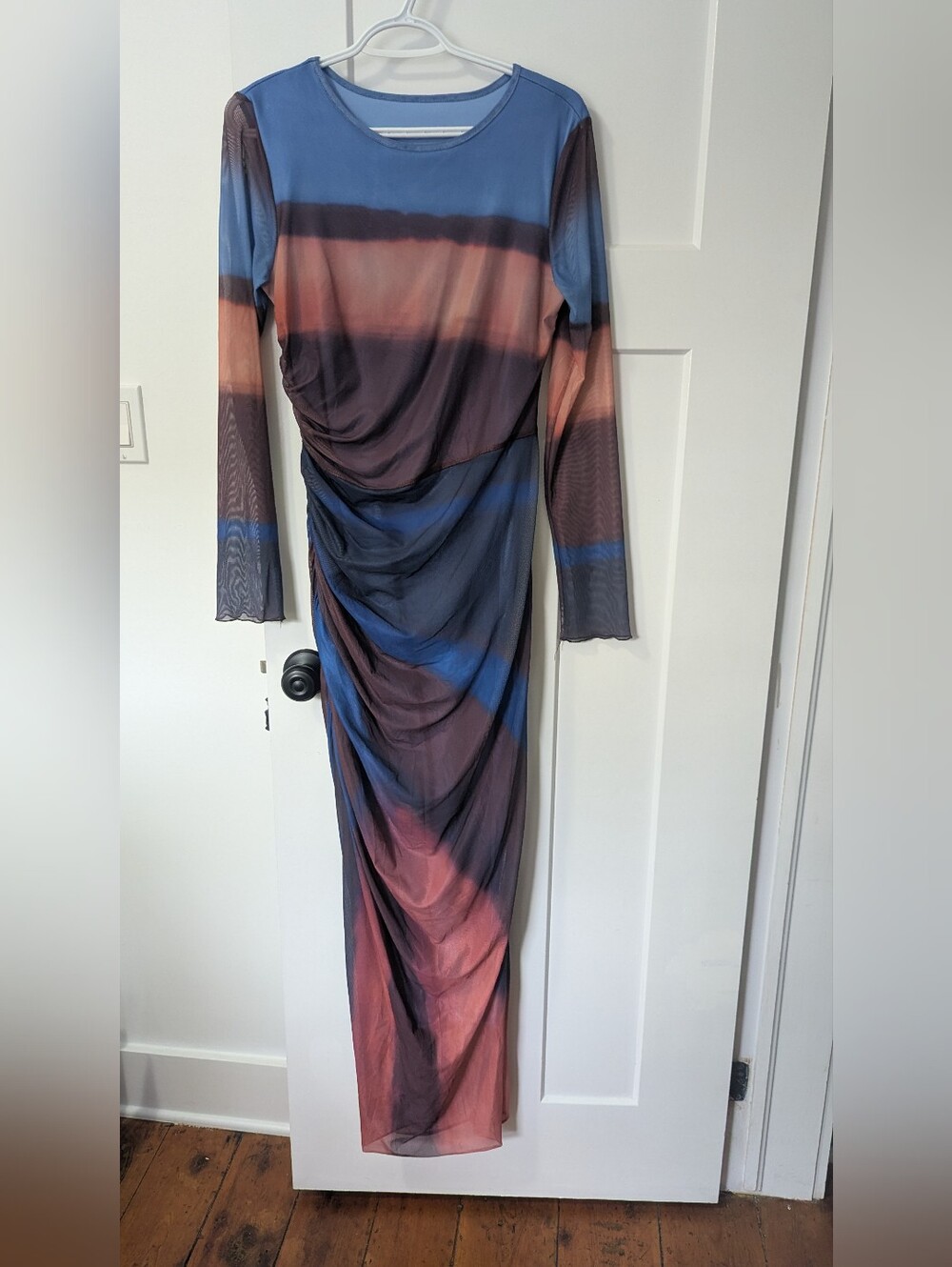 Long Ruched Sheath Dress in Blue and Mauve